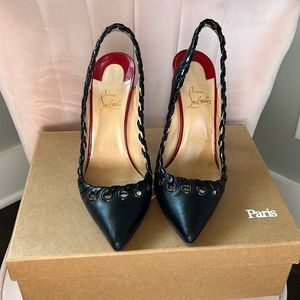 Christian Louboutin Black Leather Whipstitch Ostri Slingback Pumps
